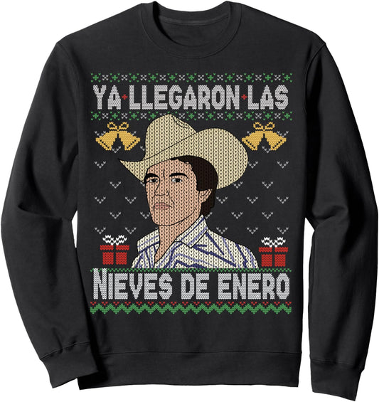 Feliz Navidad Spanish Las Nieves de Enero El Rey del Corrido Mexican Christmas Sweatshirt - Unisex-Adults, Black, Small