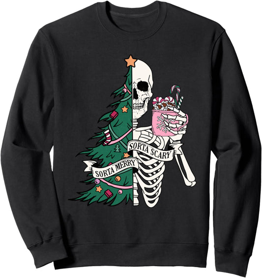 Funny Christmas Sorta Merry Sorta Scary Skeleton Xmas Tree Sweatshirt