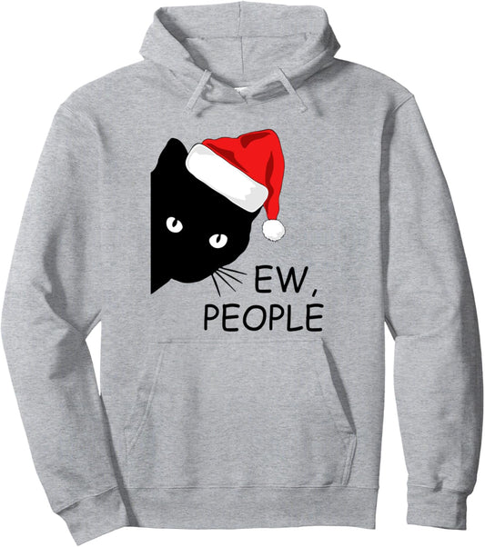 Ew People Black Cat Face Santa Hat Funny Cat Lover Christmas Pullover Hoodie