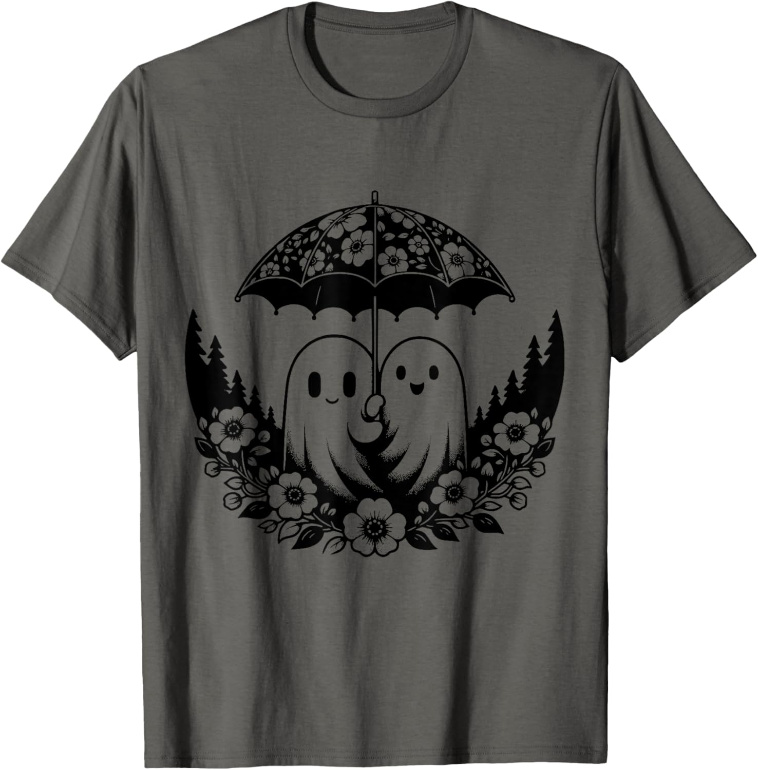 Floral Ghost Holds Umbrella Couple Spooky Season Women Men T-Shirt