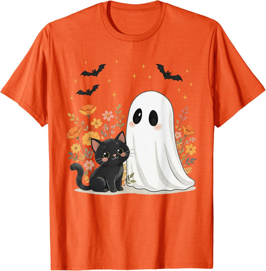 Floral Halloween Ghost Black-Cat Spooky Season Autumn Vibes T-Shirt
