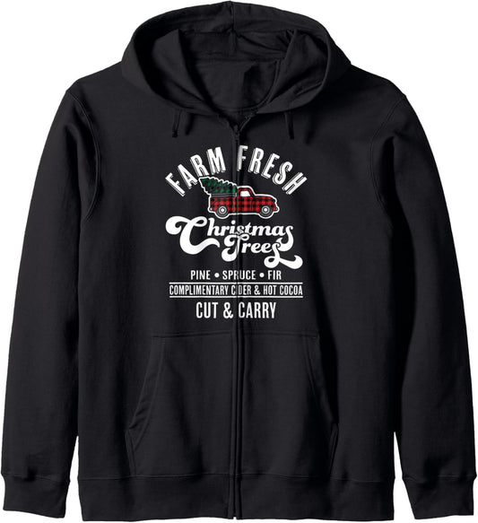 Farm Fresh Christmas Trees - Red Truck Buffalo Plaid Xmas Zip Hoodie