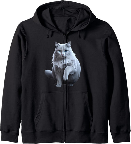 Elegant White Cat Fluffy Feline Pet Lovers Men Women Kids Zip Hoodie