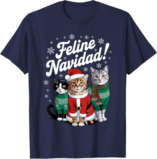 Feline Navidad Funny Cat Christmas Holiday Xmas Santa Hat T-Shirt for Men Women Kids