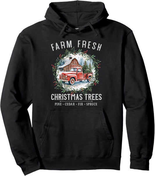 Farm Fresh Christmas Trees Vintage Red Truck White Lettering Pullover Hoodie