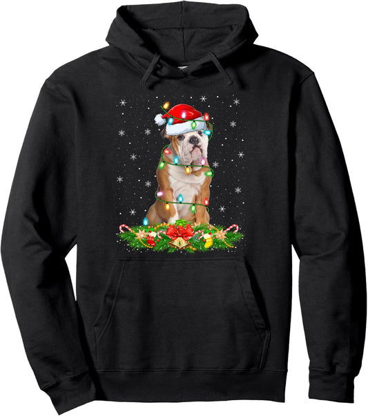 English Bulldog Christmas Lights Funny Santa Hat Xmas Pullover Hoodie