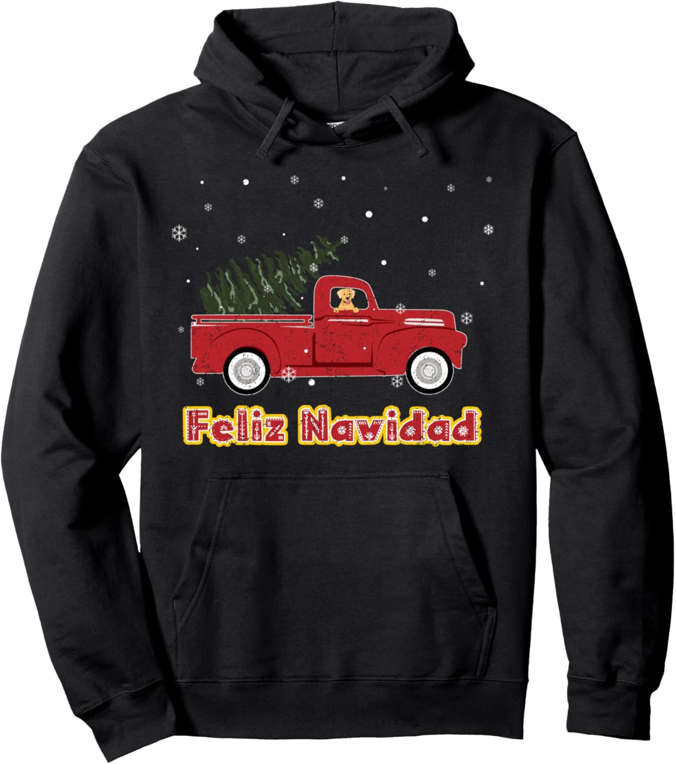 Feliz Navidad Red Truck With Dog And Christmas Tree Pullover Hoodie