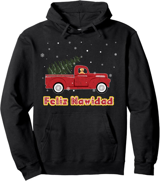 Feliz Navidad Red Truck With Dog And Christmas Tree Pullover Hoodie