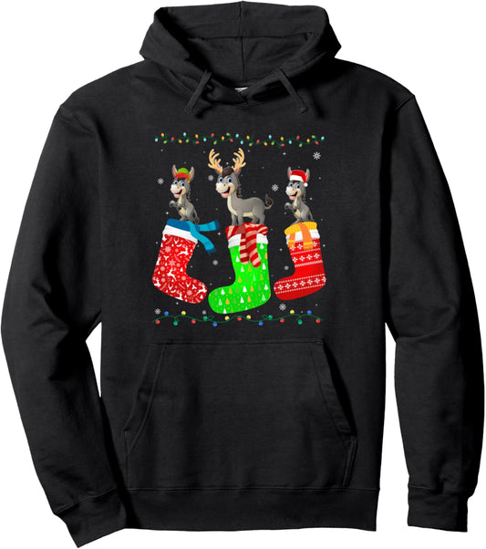 Donkey in Xmas Socks Funny Holiday Ugly Sweater Christmas Pullover Hoodie