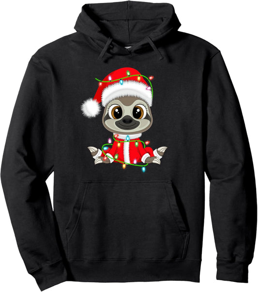 Funny Sloth Christmas Lights Santa Costume Cute Animal Xmas Pullover Hoodie