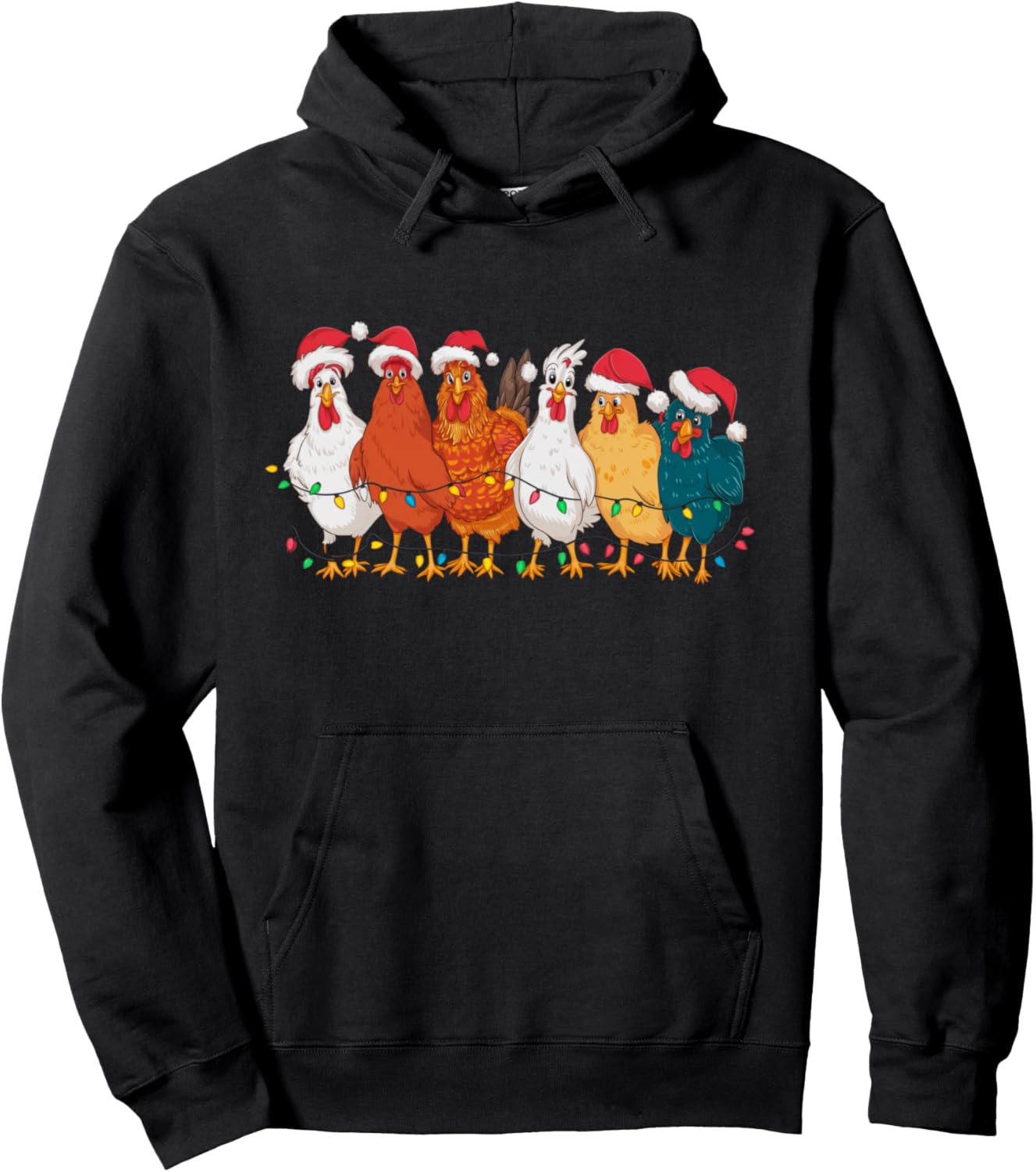 Funny Chicken Christmas Lineup Lights Santa Hat Xmas Pullover Hoodie