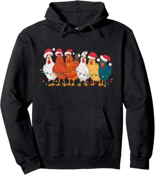Funny Chicken Christmas Lineup Lights Santa Hat Xmas Pullover Hoodie