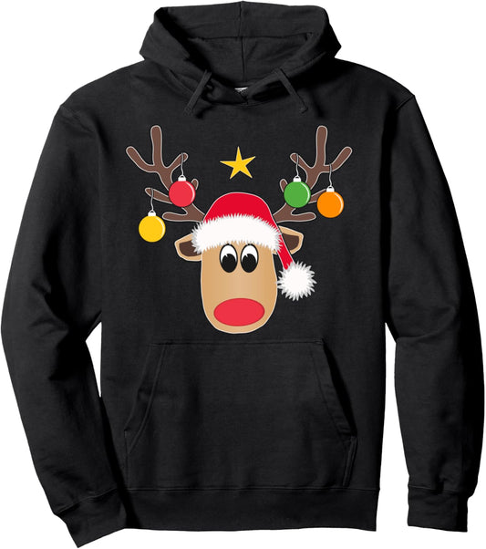 Funny Reindeer Face with Christmas Balls Xmas Pullover Hoodie