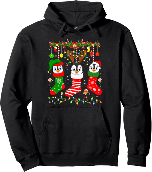 Emperor Penguin In Christmas Socks Lights Penguin Xmas Pullover Hoodie