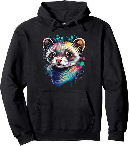 Ferret Face Graphics Hand Drawn Splash Art Ferret Pet Lover Pullover Hoodie