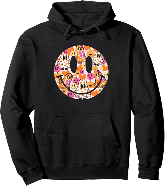 Fall Vibe Happy Face Sublimation Boo Ghost Spooky Season Pullover Hoodie