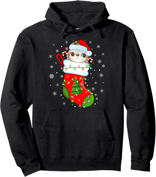 Funny Sloth In Christmas Socks Santa Claus Lights Xmas Pullover Hoodie