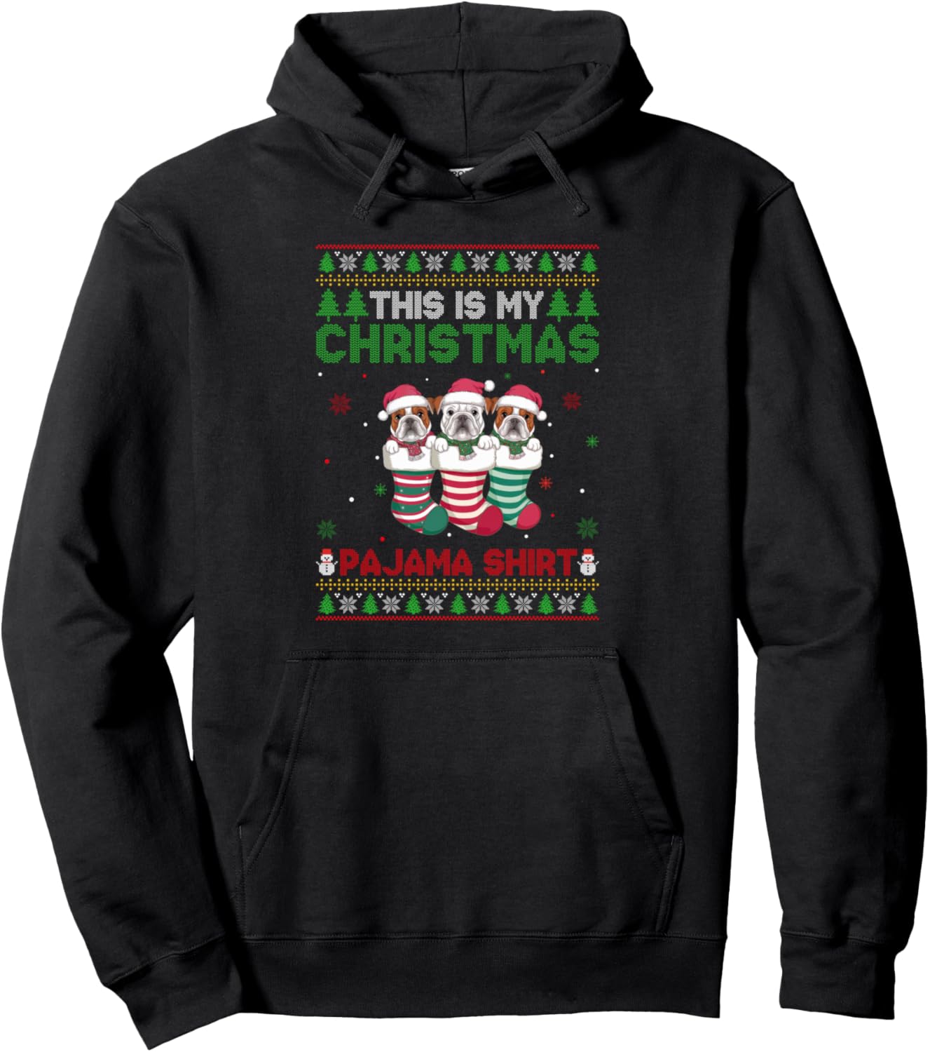 English Bulldog in Christmas Socks Ugly Sweater Xmas Pajama Pullover Hoodie