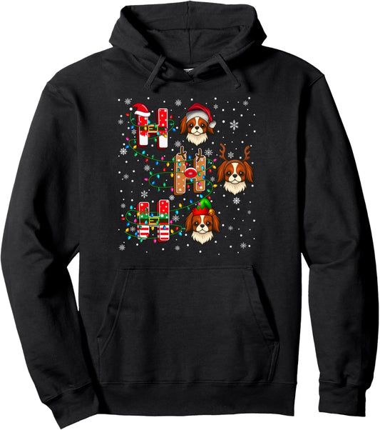 Ho Ho Santa Reindeer Hat Elf Matching Japanese Chin Dog Xmas Pullover Hoodie