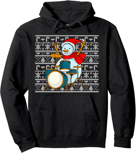 Drummer Snowman Drums Percussionist Ugly Christmas Drumming Pullover Hoodie