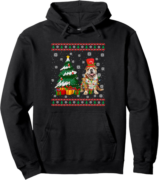 English Bulldog Dog Ugly Sweater Christmas Light Xmas Pajama Pullover Hoodie