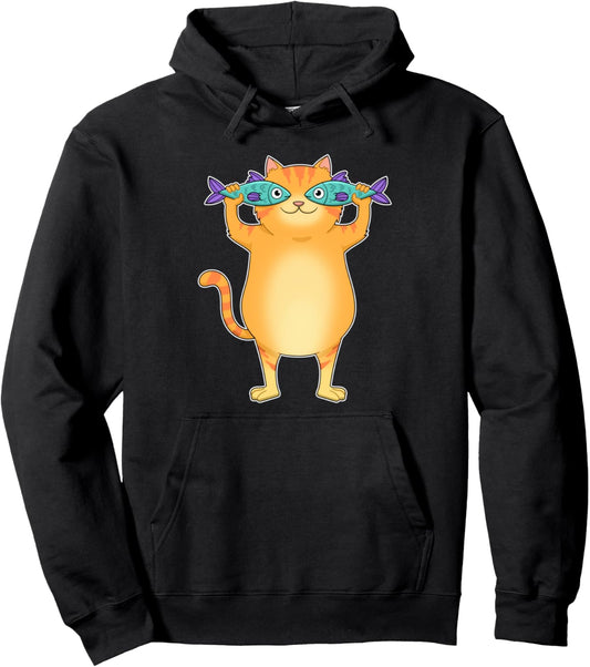 Fat Cat Catching Fish Fishy Eyes Pet Kitty Lovers Cute Pullover Hoodie