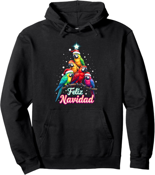 Feliz Navidad Colorful Parrot Christmas Tree Santa Xmas Pullover Hoodie