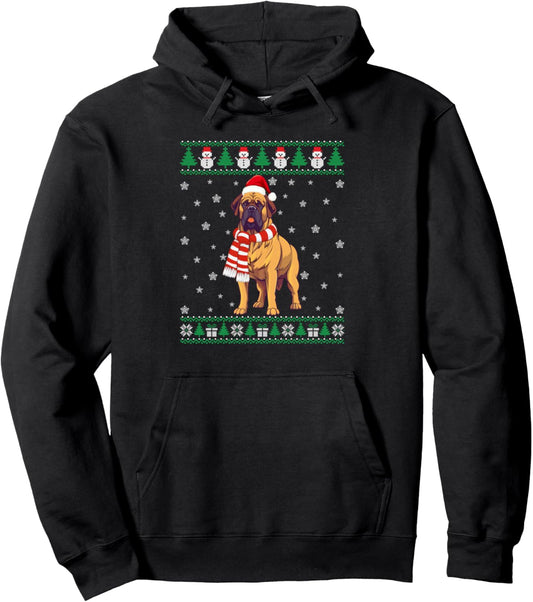 English Mastiff Puppy Dog Santa Reindeer Hat Ugly Christmas Pullover Hoodie
