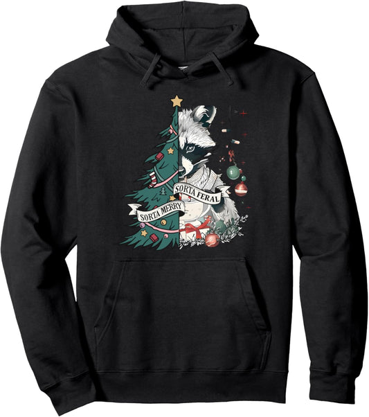 Funny Christmas Sorta Merry Sorta Feral Raccoon Xmas Tree Pullover Hoodie