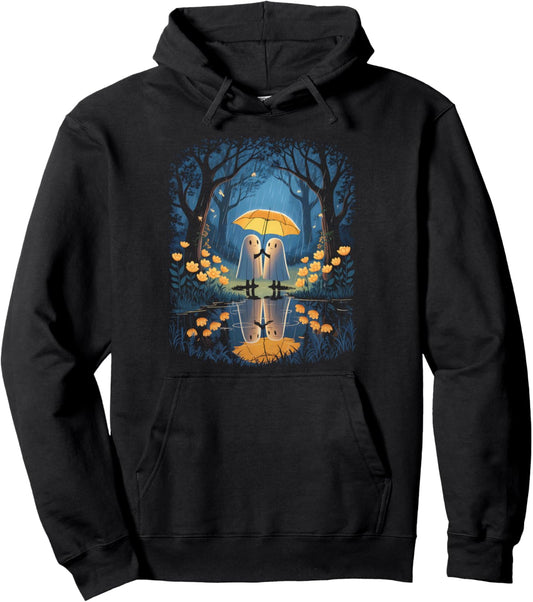 Floral Ghost Holds Umbrella Couple Spooky Season Women Men Pullover Hoodie