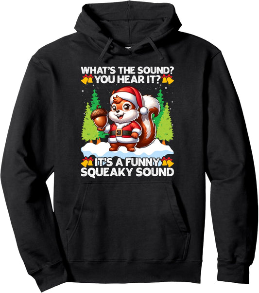 Funny Christmas Squirrel Squeaky Sound Acorn Santa Hat Xmas Pullover Hoodie