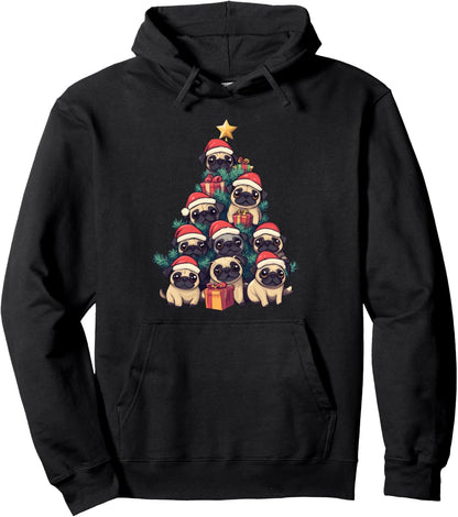 Dog Pug Christmas Tree Funny Pug Xmas Pullover Hoodie