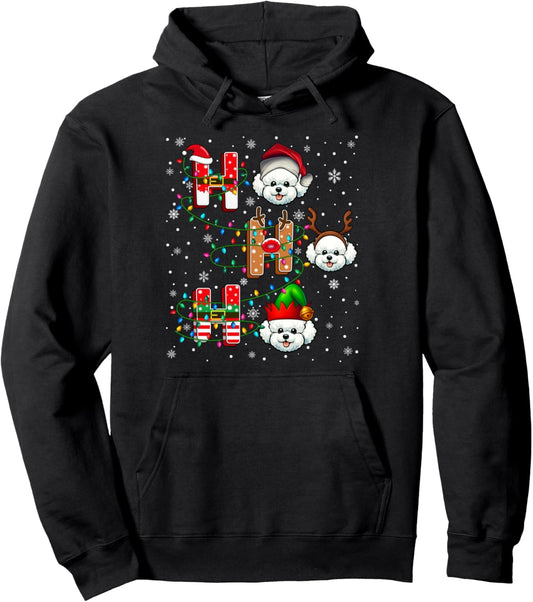 Ho Ho Santa Reindeer Hat Elf Matching Bichon Frise Dog Xmas Pullover Hoodie