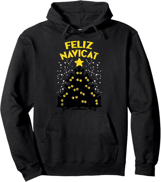 Feliz Navicat Black Cat Christmas Tree Fun Mexican Xmas Gift Pullover Hoodie