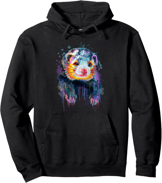 Ferret Face Graphics Hand Drawn Splash Art Ferret Pet Lover Pullover Hoodie