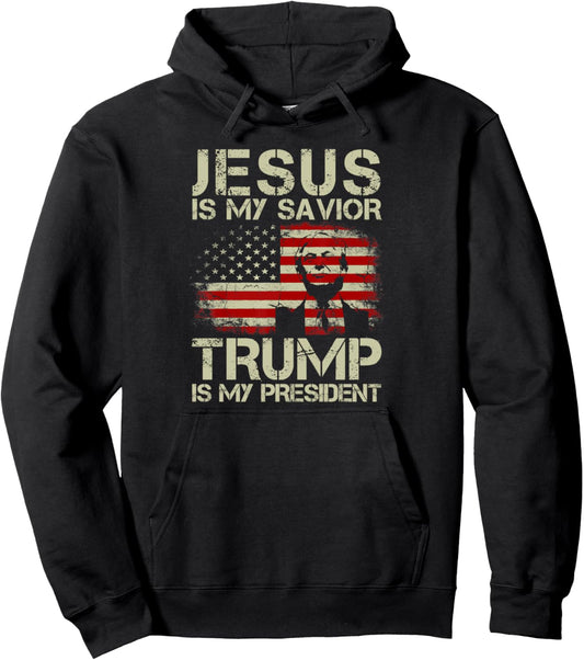 Jesus Is My Savior Trump Is My President Trump 2024 USA Flag Pullover Hoodie