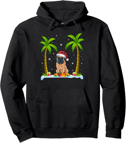 English Mastiff Dog Santa Hat Palm Tree Beach Xmas Pajama Pullover Hoodie