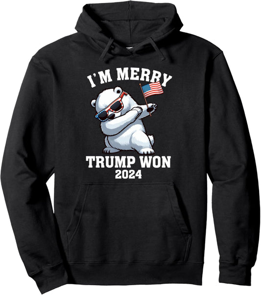 I'm Merry Trump Won Christmas Trump Polar Bear Dabbing 2024 Pullover Hoodie