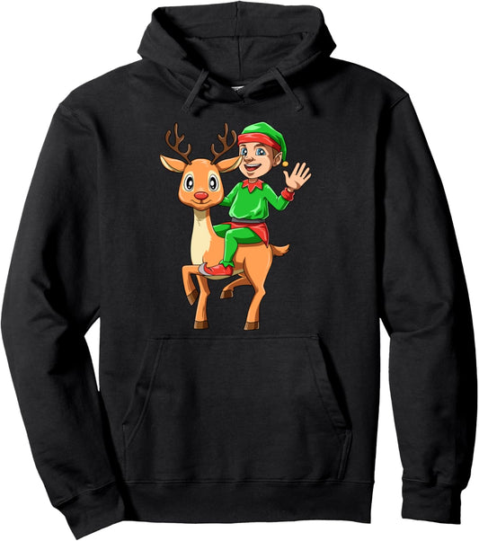 Elf Riding Reindeer Funny Christmas Elf Riding Reindeer Xmas Pullover Hoodie