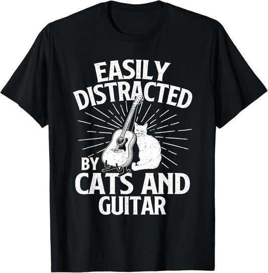 Easily Distracted By Cats And Guitar - Music Animal Lover T-Shirt