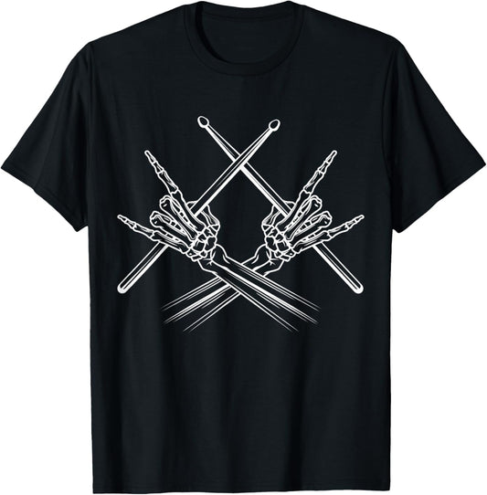 Drummer Drum Sticks Rock &amp; Roll Skeleton Hand Horns T-Shirt