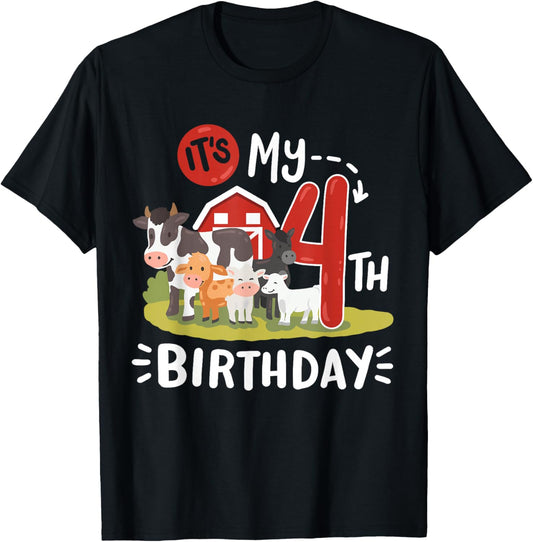 Farm Animals Its My 4th Birthday Bday Party 4 Years Old Kids T-Shirt