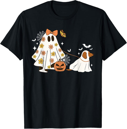 Floral Ghost Walking Dog Spooky Season Halloween Coquette T-Shirt
