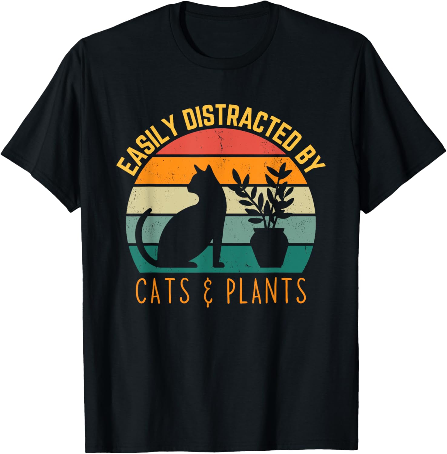 Easily Distracted By Plants &amp; Cats Retro Pet Cat Plant Lover T-Shirt