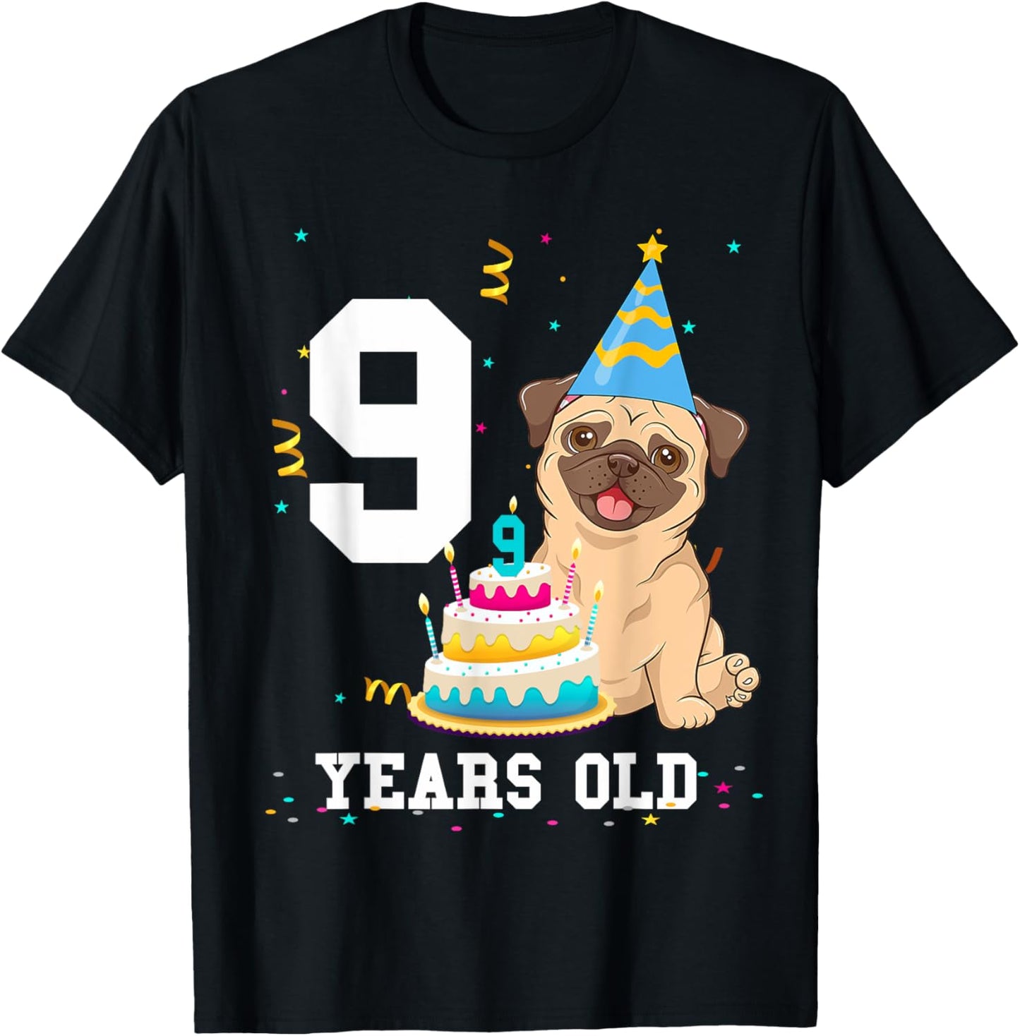 9 Years Old Birthday Pug Dog Lover Party Kids Boys Girls T-Shirt