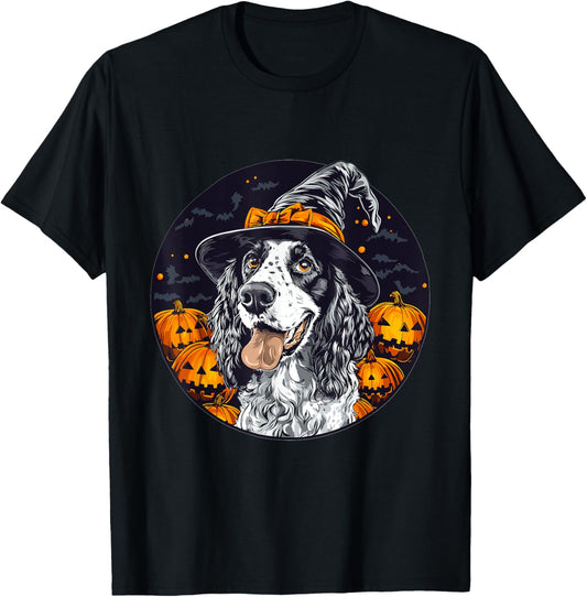 English Setter Dog Whitch Hat Halloween Pumpkin Spooky Happy T-Shirt