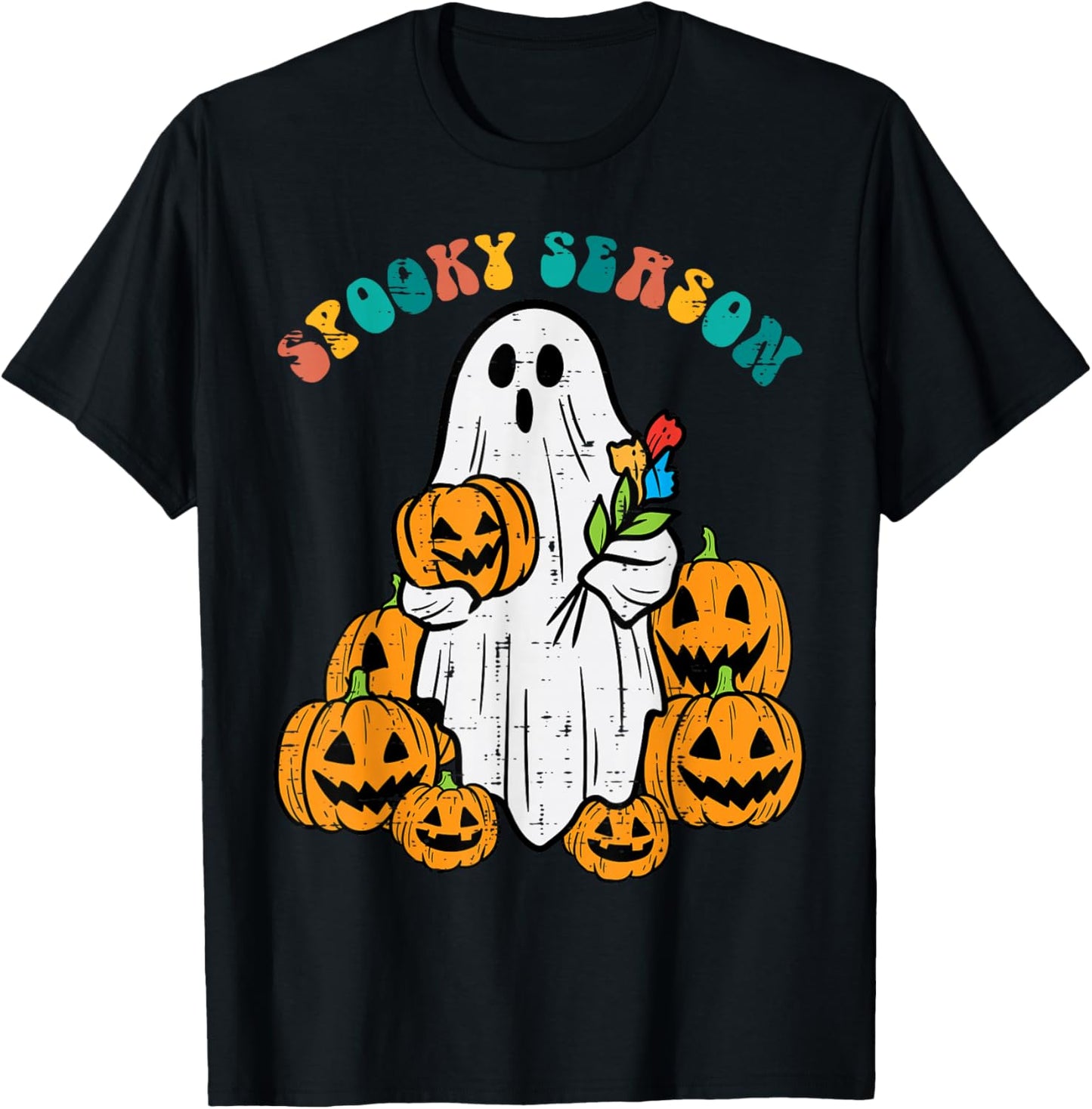 Floral Ghost Pumpkins Spooky Season Retro Groovy Halloween T-Shirt