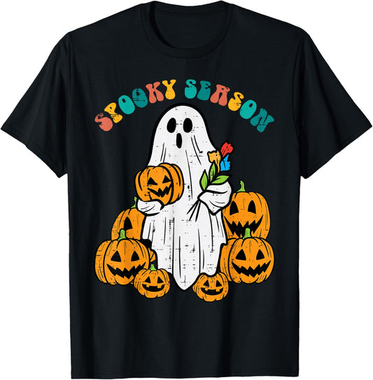 Floral Ghost Pumpkins Spooky Season Retro Groovy Halloween T-Shirt