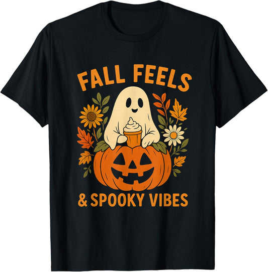 Fall Feels and Spooky Vibes Ghost Pumpkin Halloween T-Shirt
