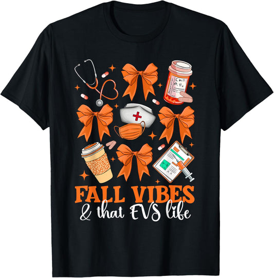 Fall Vibes &amp; That EVS Life Thanksgiving Coquette Bow T-Shirt